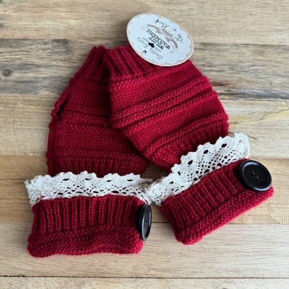 Britts Knits Red Cable Knit Cream Lace Button Wrist Warmer Fingerless Gloves - Picture 2 of 5